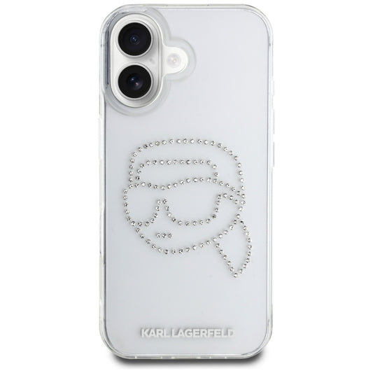 Deksel for Apple iPhone 16, Karl Lagerfeld, IML Rhinestones Karl's Head, Gjennomsiktig