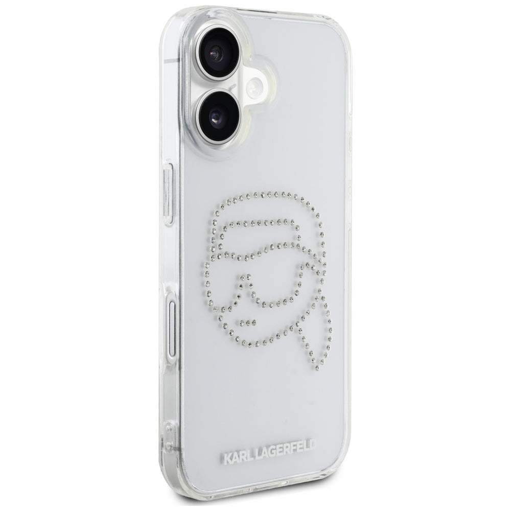Deksel for Apple iPhone 16, Karl Lagerfeld, IML Rhinestones Karl's Head, Gjennomsiktig