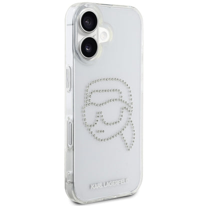 Deksel for Apple iPhone 16, Karl Lagerfeld, IML Rhinestones Karl's Head, Gjennomsiktig