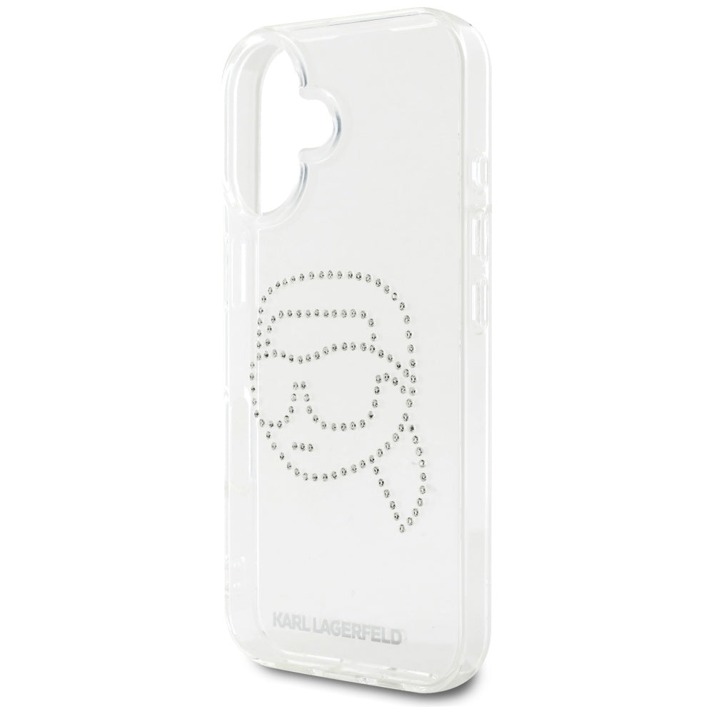 Deksel for Apple iPhone 16, Karl Lagerfeld, IML Rhinestones Karl's Head, Gjennomsiktig