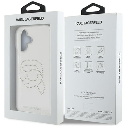 Deksel for Apple iPhone 16, Karl Lagerfeld, IML Rhinestones Karl's Head, Gjennomsiktig