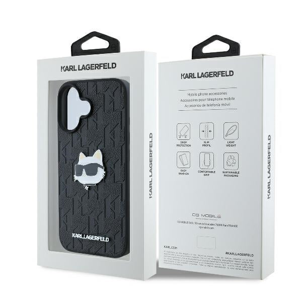 Deksel for Apple iPhone 16, Karl Lagerfeld, Monogram Choupette's Head, Svart