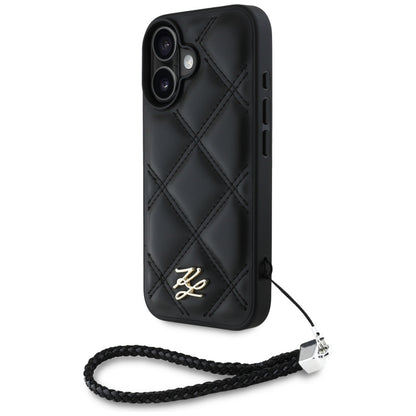 Deksel for Apple iPhone 16, Karl Lagerfeld, Quilted Initial Logo & Chain Strap, Svart