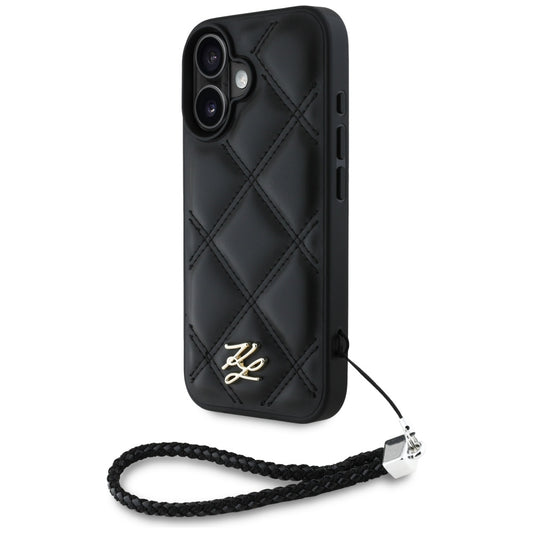 Deksel for Apple iPhone 16, Karl Lagerfeld, Quilted Initial Logo & Chain Strap, Svart