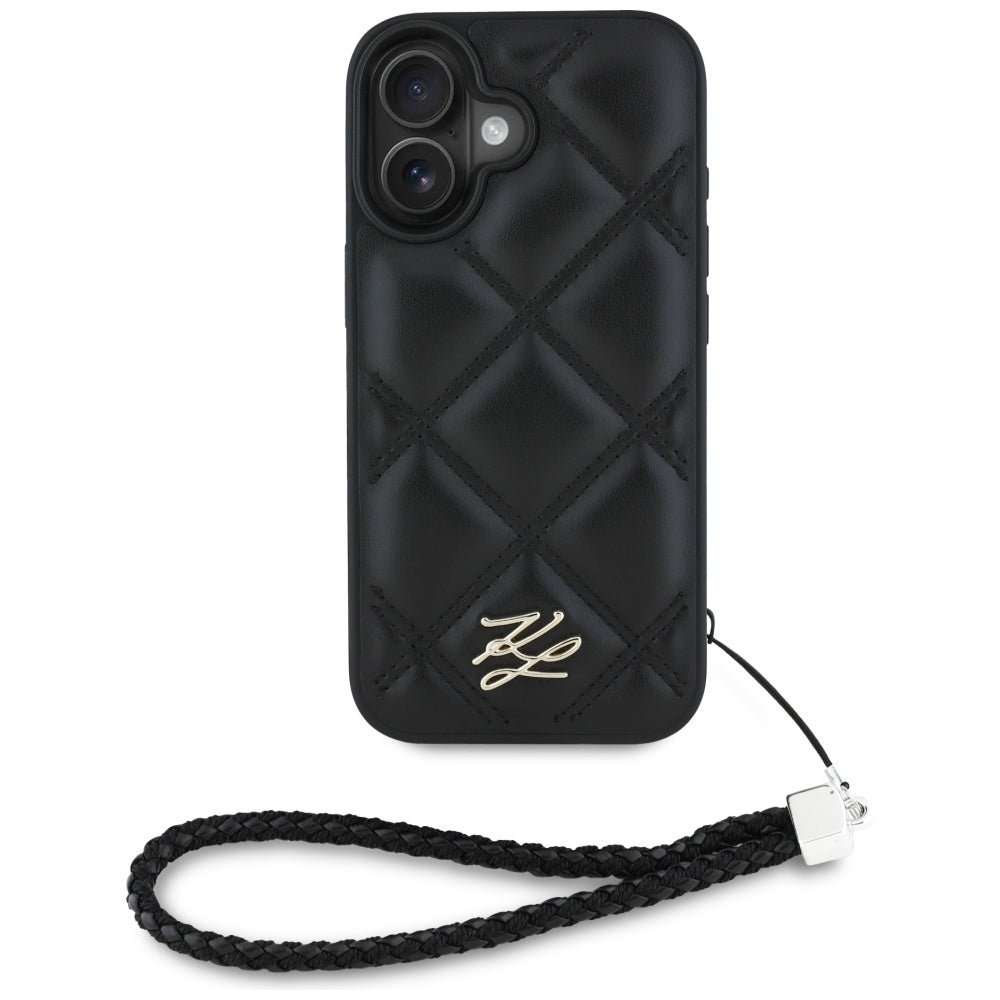 Deksel for Apple iPhone 16, Karl Lagerfeld, Quilted Initial Logo & Chain Strap, Svart