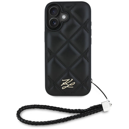 Deksel for Apple iPhone 16, Karl Lagerfeld, Quilted Initial Logo & Chain Strap, Svart