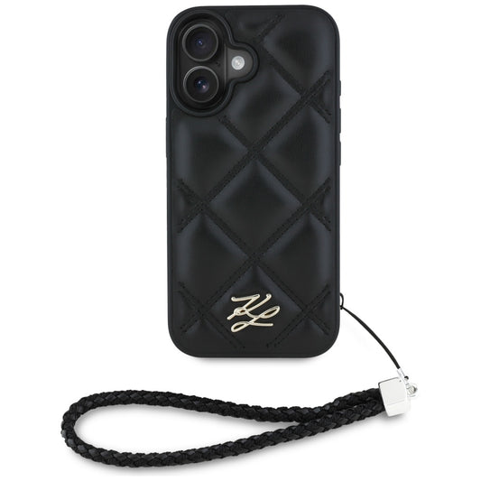 Deksel for Apple iPhone 16, Karl Lagerfeld, Quilted Initial Logo & Chain Strap, Svart