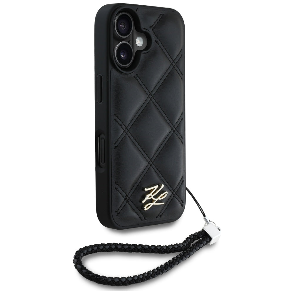 Deksel for Apple iPhone 16, Karl Lagerfeld, Quilted Initial Logo & Chain Strap, Svart