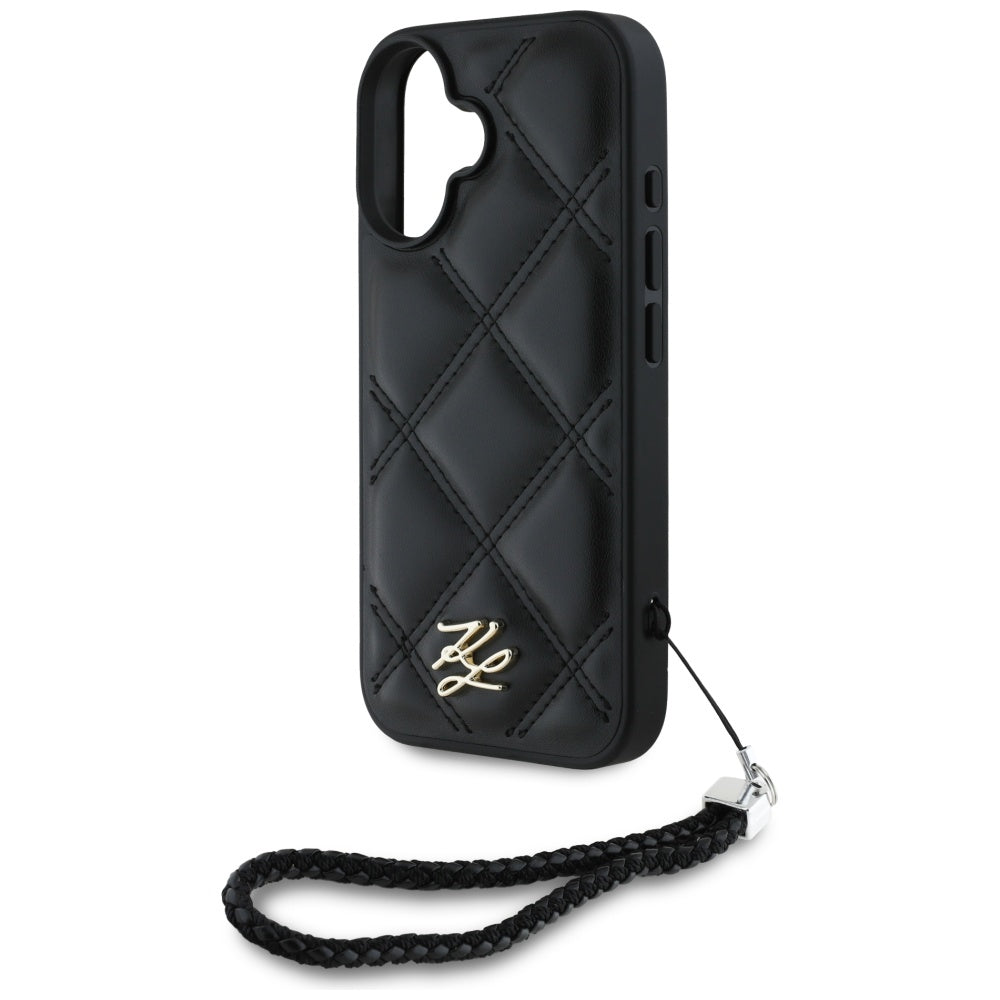 Deksel for Apple iPhone 16, Karl Lagerfeld, Quilted Initial Logo & Chain Strap, Svart
