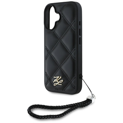 Deksel for Apple iPhone 16, Karl Lagerfeld, Quilted Initial Logo & Chain Strap, Svart
