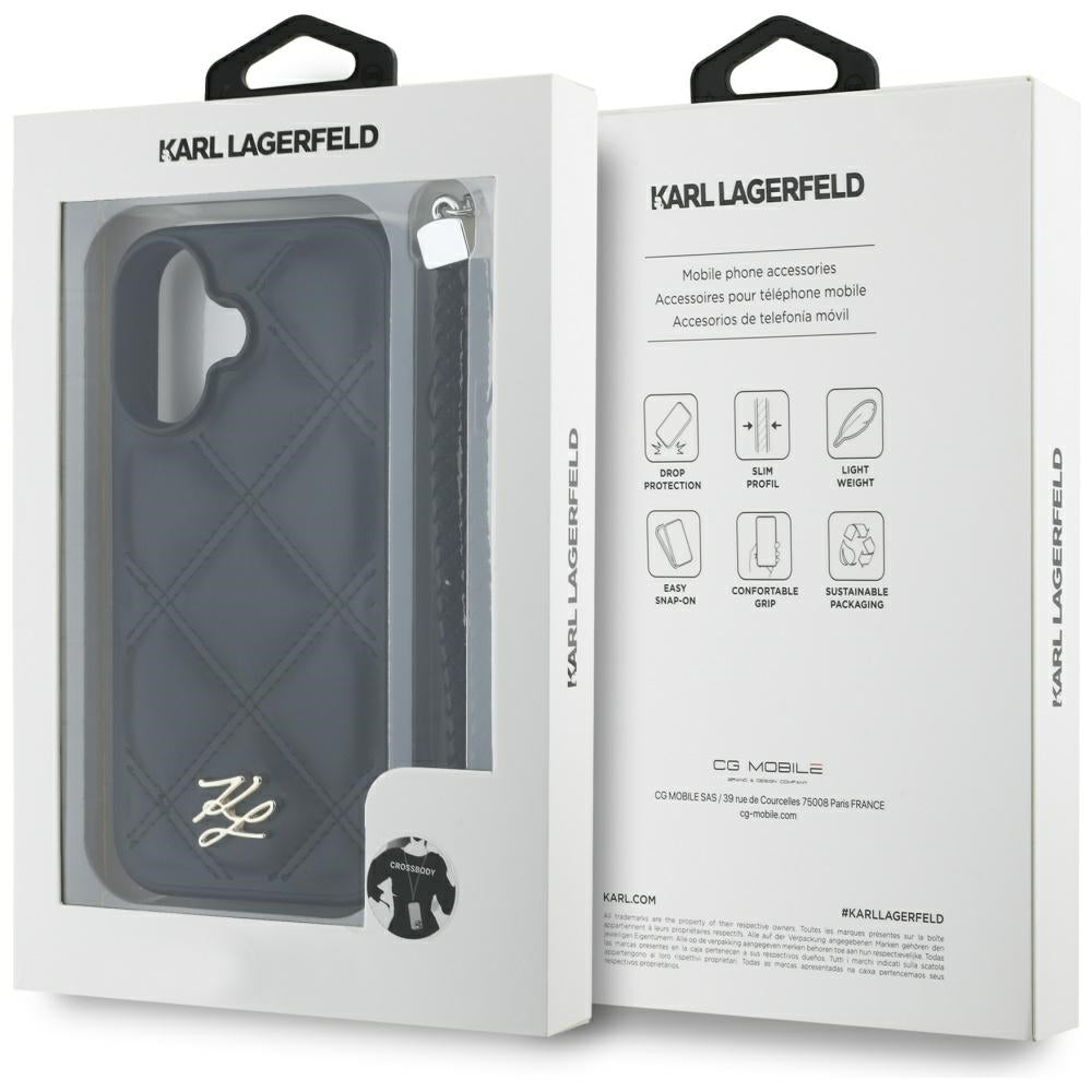 Deksel for Apple iPhone 16, Karl Lagerfeld, Quilted Initial Logo & Chain Strap, Svart