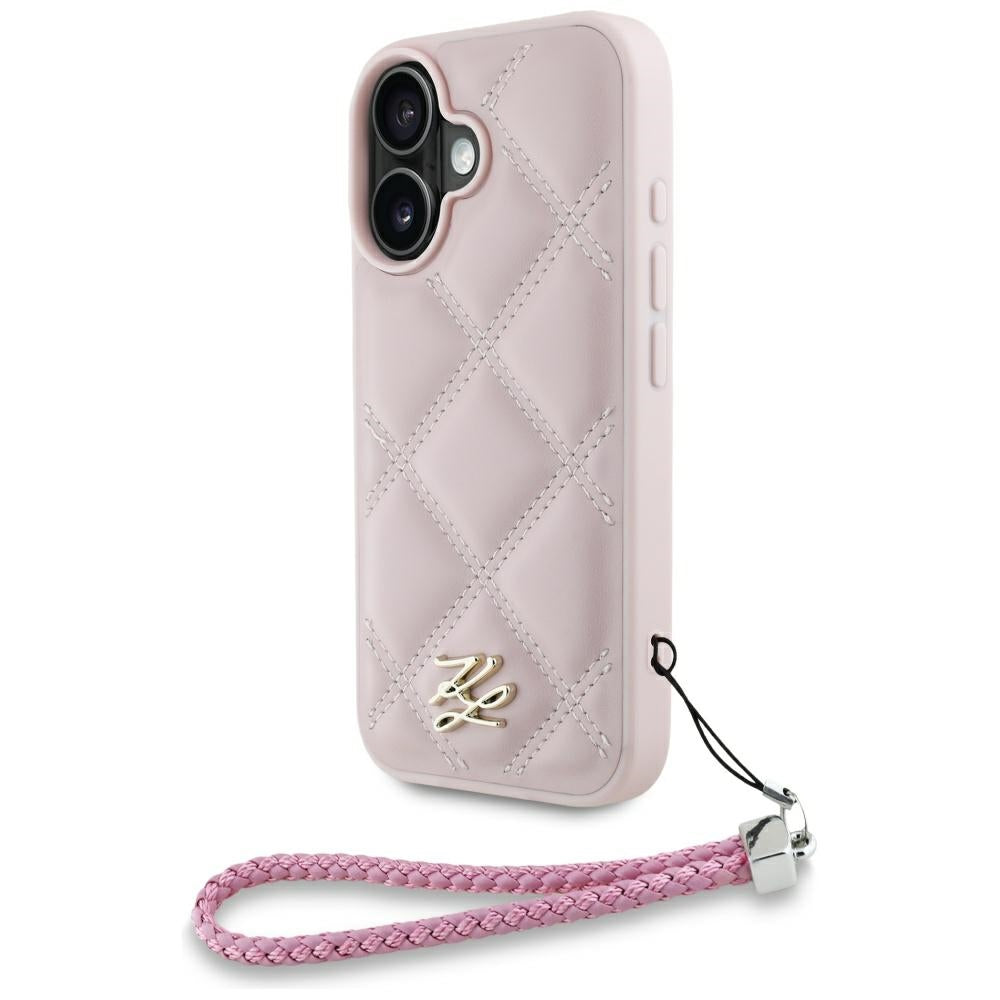 Deksel for Apple iPhone 16, Karl Lagerfeld, Quilted Initial Logo & Chain Strap, Rosa
