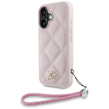 Deksel for Apple iPhone 16, Karl Lagerfeld, Quilted Initial Logo & Chain Strap, Rosa