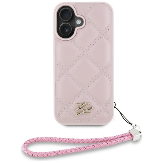 Deksel for Apple iPhone 16, Karl Lagerfeld, Quilted Initial Logo & Chain Strap, Rosa