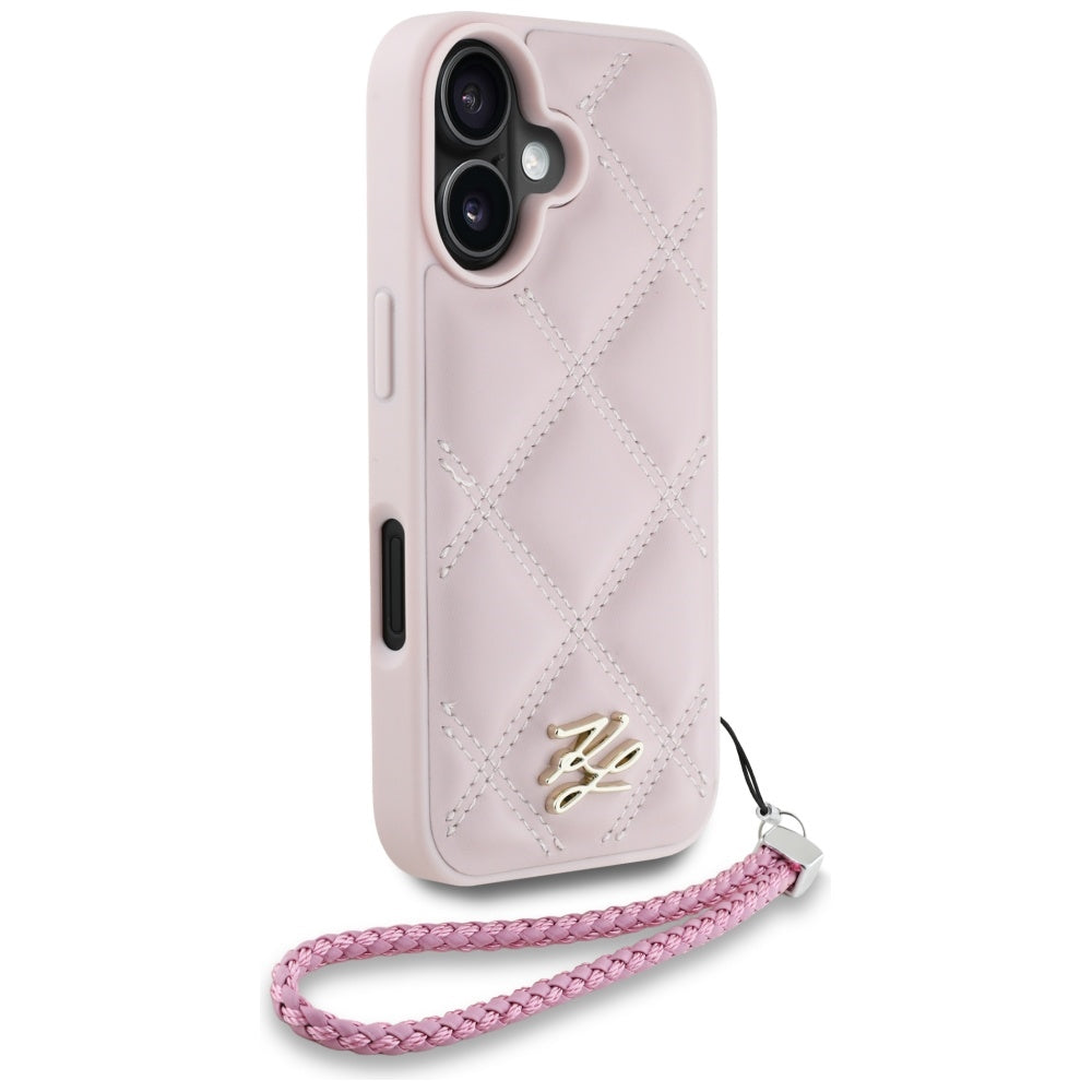 Deksel for Apple iPhone 16, Karl Lagerfeld, Quilted Initial Logo & Chain Strap, Rosa