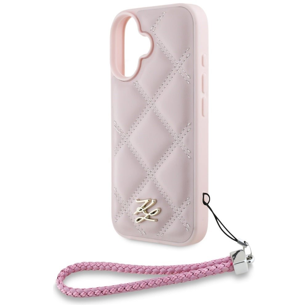 Deksel for Apple iPhone 16, Karl Lagerfeld, Quilted Initial Logo & Chain Strap, Rosa