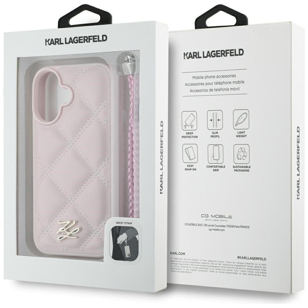 Deksel for Apple iPhone 16, Karl Lagerfeld, Quilted Initial Logo & Chain Strap, Rosa