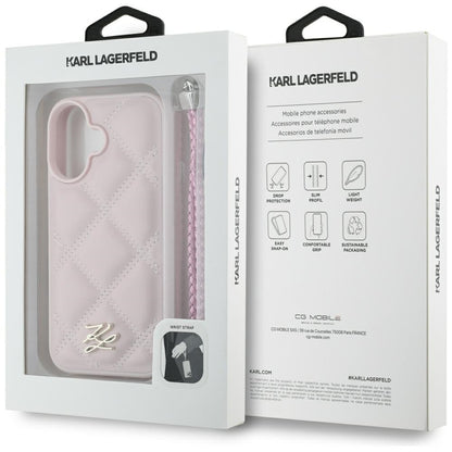 Deksel for Apple iPhone 16, Karl Lagerfeld, Quilted Initial Logo & Chain Strap, Rosa