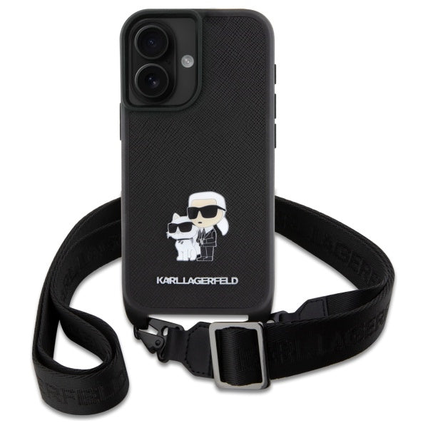 Deksel for Apple iPhone 16, Karl Lagerfeld, Saffiano Crossbody Metal Pin Karl & Choupette, Hvit
