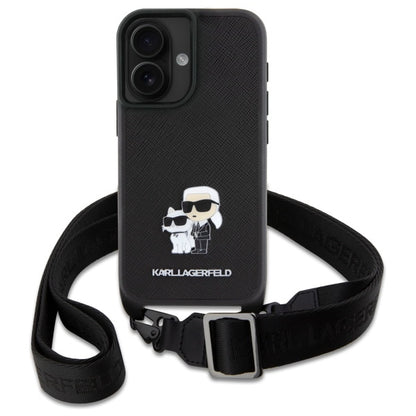 Deksel for Apple iPhone 16, Karl Lagerfeld, Saffiano Crossbody Metal Pin Karl & Choupette, Hvit