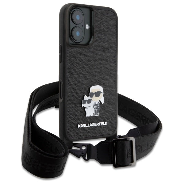 Deksel for Apple iPhone 16, Karl Lagerfeld, Saffiano Crossbody Metal Pin Karl & Choupette, Hvit