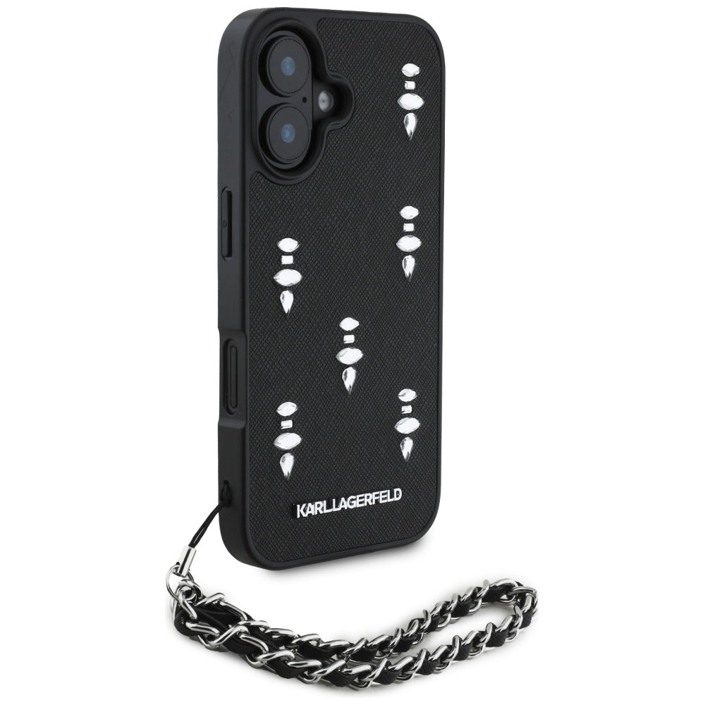 Deksel for Apple iPhone 16, Karl Lagerfeld, Saffiano Crystals & Charm, Svart