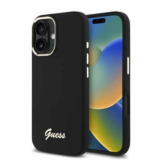 Deksel for Apple iPhone 16 Plus, Guess, Script Metal Logo & Frame, Svart
