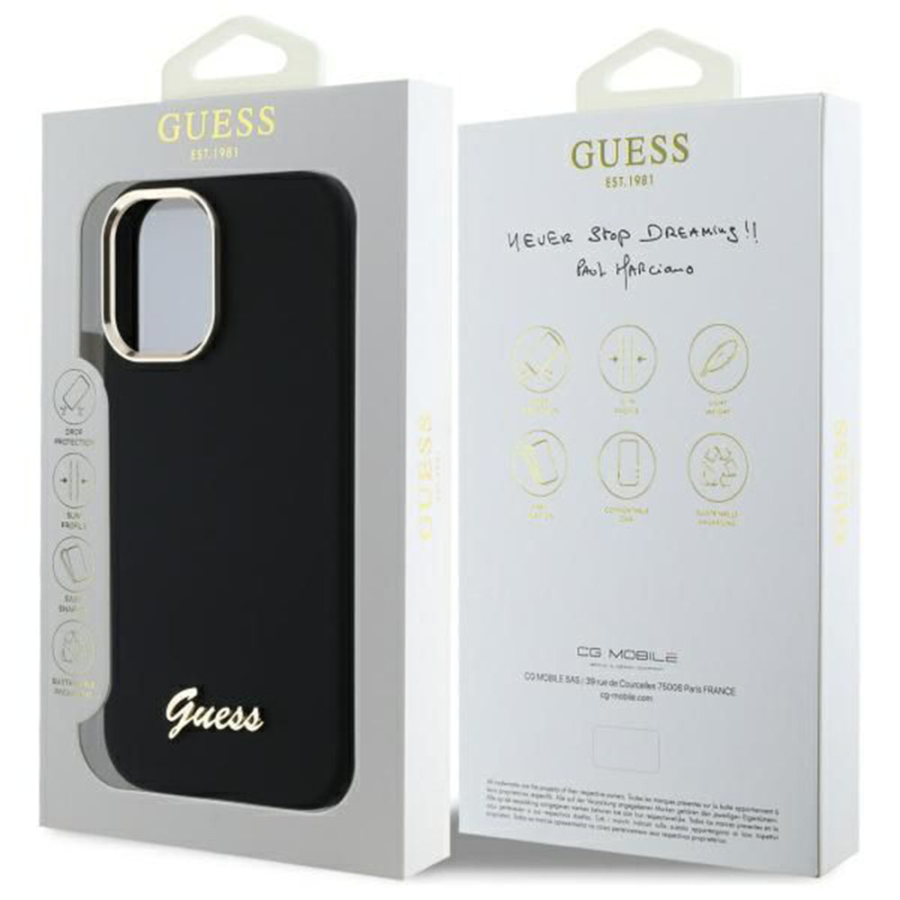 Deksel for Apple iPhone 16 Plus, Guess, Script Metal Logo & Frame, Svart