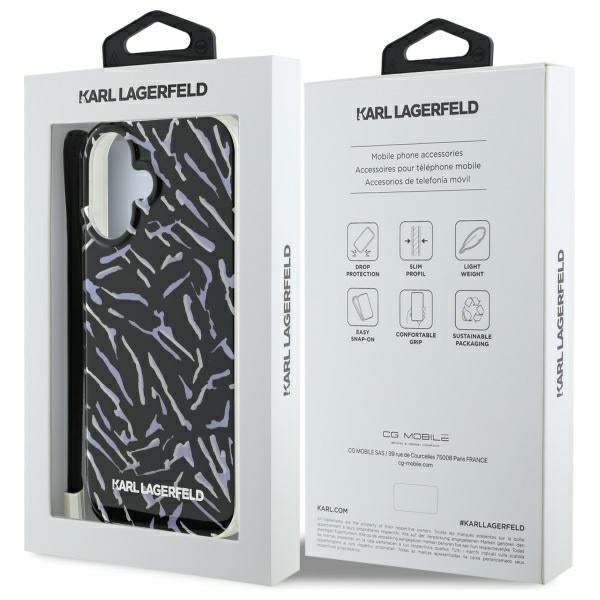 Deksel for Apple iPhone 16 Plus, Karl Lagerfeld, Zebra with Cord Strap, Lilla