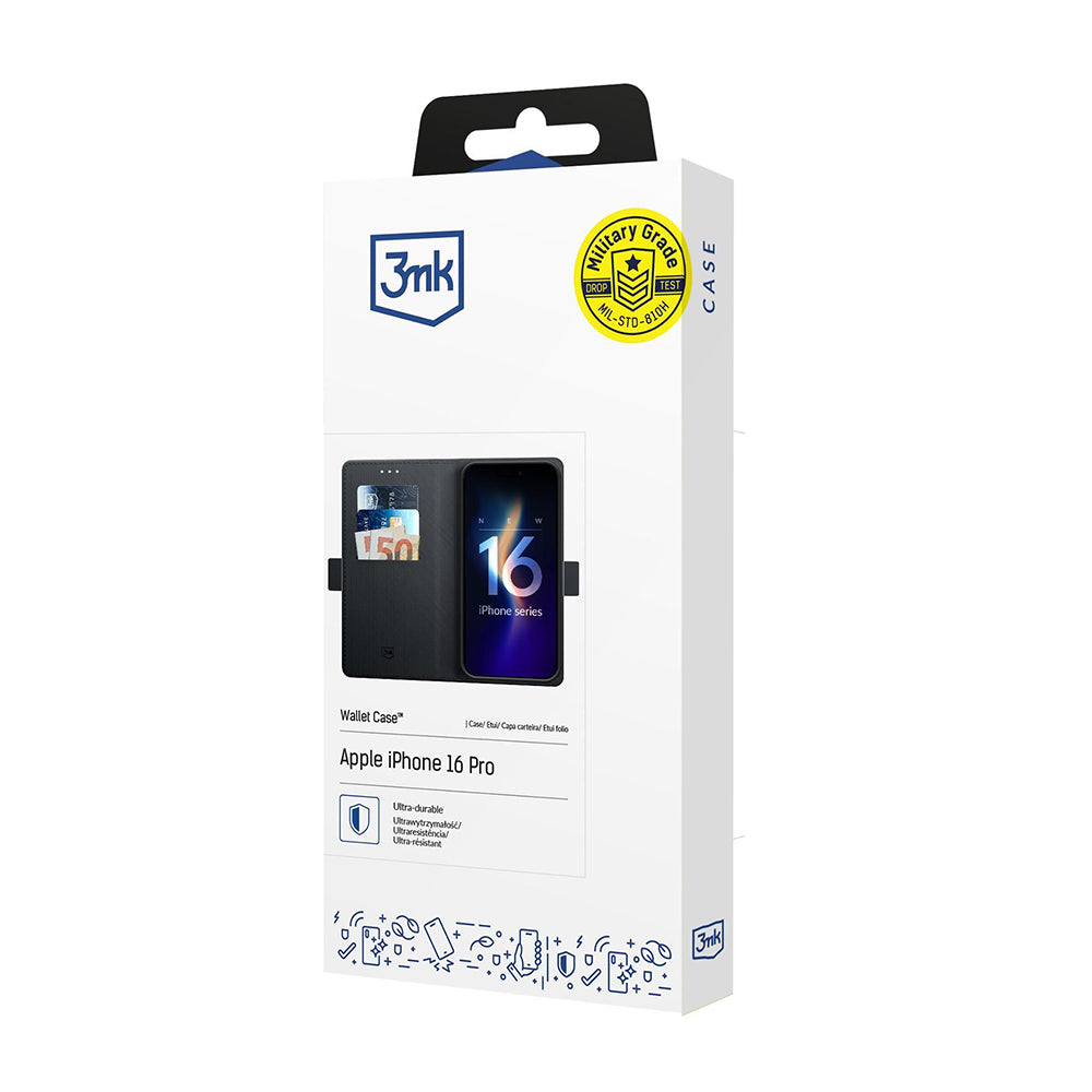 Deksel for Apple iPhone 16 Pro, 3MK, Lommebok, Svart
