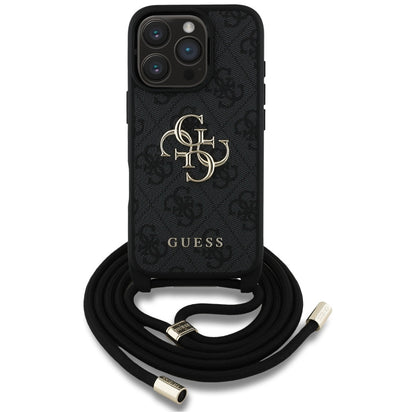 Deksel for Apple iPhone 16 Pro, Guess, 4G CBDY Big Logo with Cord Strap, Svart
