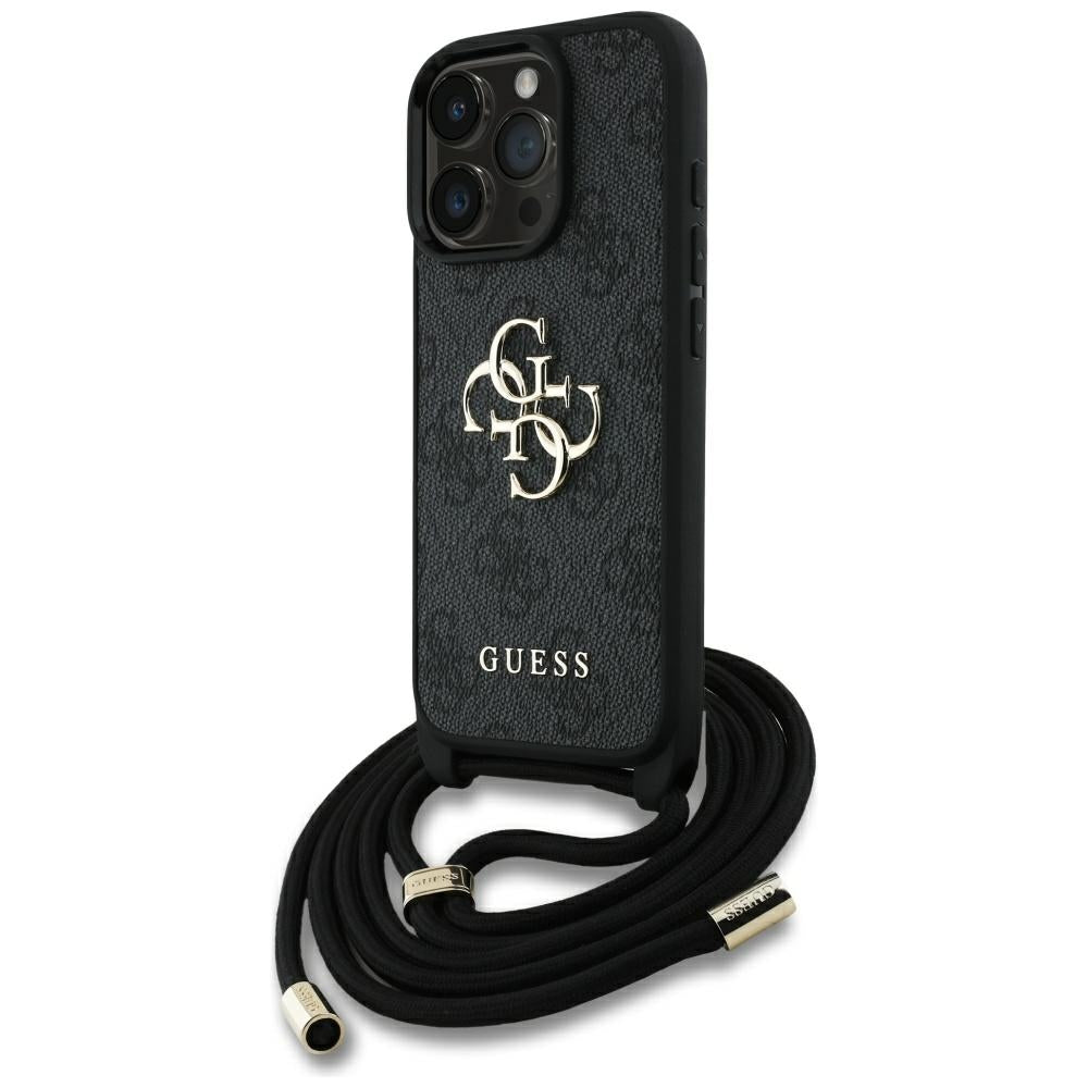 Deksel for Apple iPhone 16 Pro, Guess, 4G CBDY Big Logo with Cord Strap, Svart