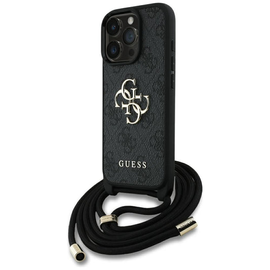 Deksel for Apple iPhone 16 Pro, Guess, 4G CBDY Big Logo with Cord Strap, Svart