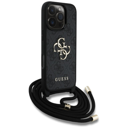 Deksel for Apple iPhone 16 Pro, Guess, 4G CBDY Big Logo with Cord Strap, Svart