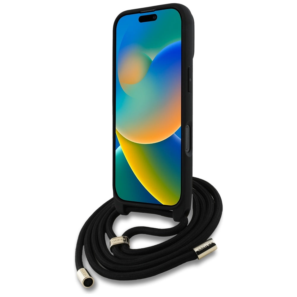 Deksel for Apple iPhone 16 Pro, Guess, 4G CBDY Big Logo with Cord Strap, Svart