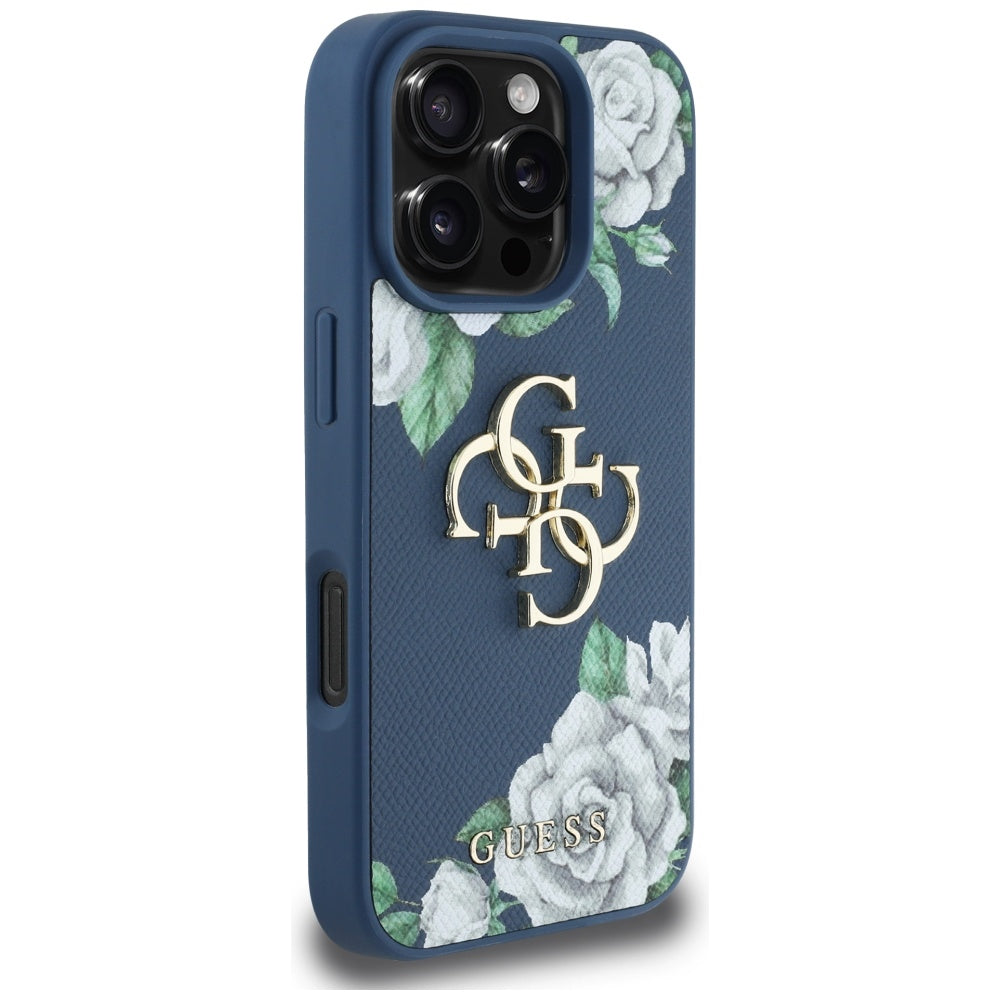 Deksel for Apple iPhone 16 Pro, Guess, 4G Grained Roses Big Logo, Blå