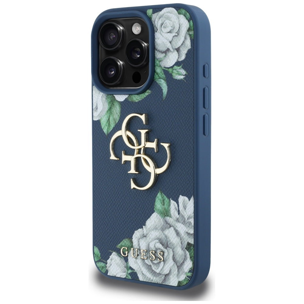Deksel for Apple iPhone 16 Pro, Guess, 4G Grained Roses Big Logo, Blå