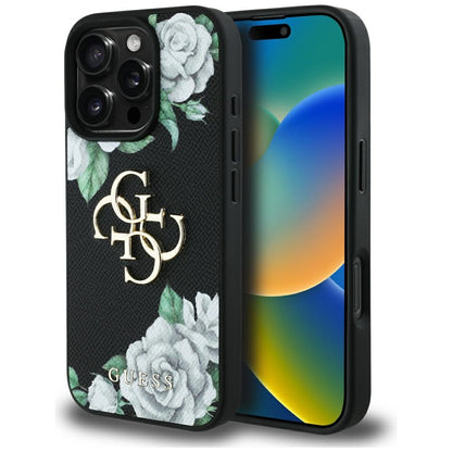 Deksel for Apple iPhone 16 Pro, Guess, 4G Grained Roses Big Logo, Svart