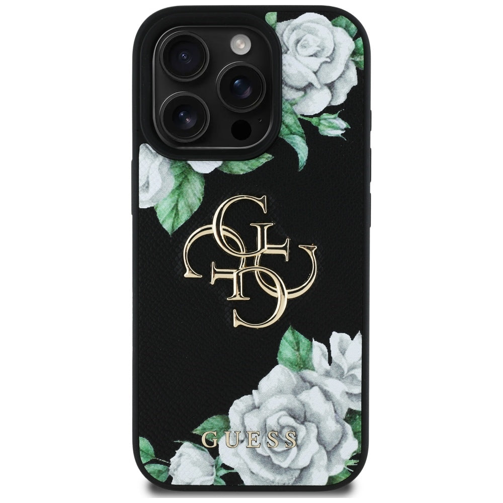 Deksel for Apple iPhone 16 Pro, Guess, 4G Grained Roses Big Logo, Svart