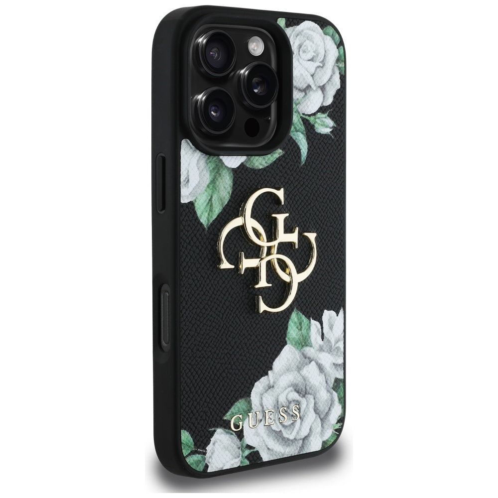 Deksel for Apple iPhone 16 Pro, Guess, 4G Grained Roses Big Logo, Svart