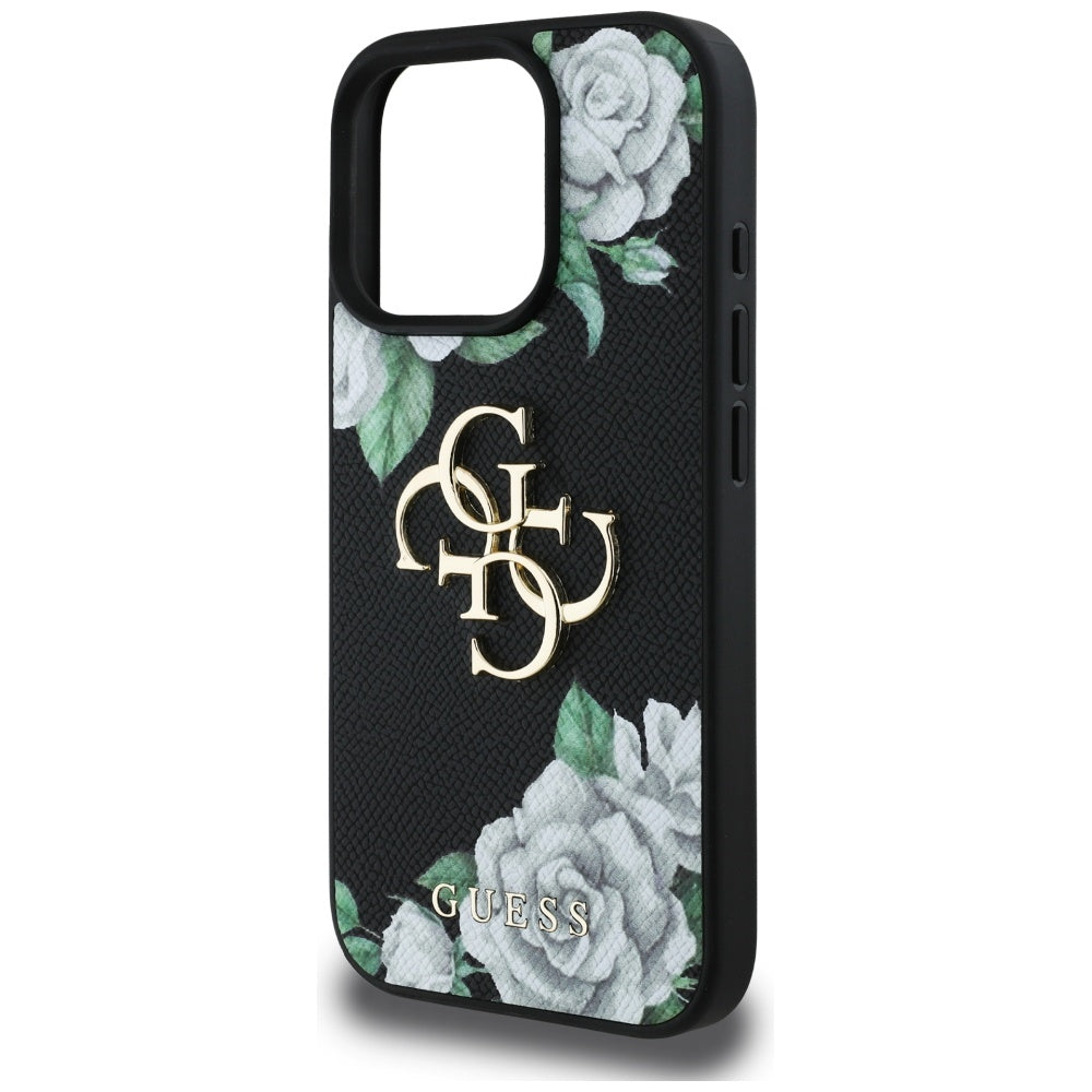 Deksel for Apple iPhone 16 Pro, Guess, 4G Grained Roses Big Logo, Svart