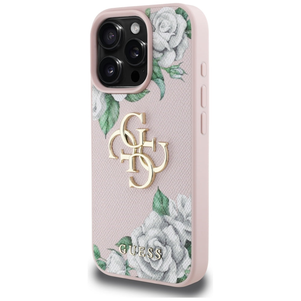 Deksel for Apple iPhone 16 Pro, Guess, 4G Grained Roses Big Logo, Rosa
