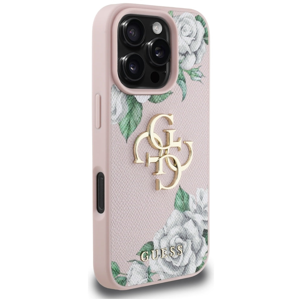 Deksel for Apple iPhone 16 Pro, Guess, 4G Grained Roses Big Logo, Rosa