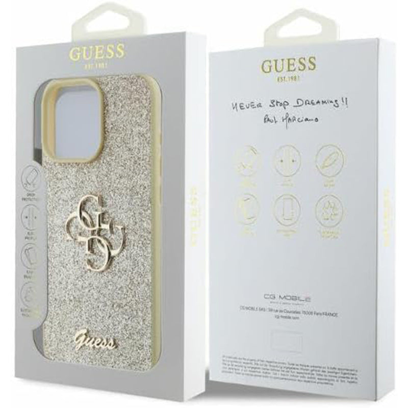 Deksel for Apple iPhone 16 Pro, Guess, Fixed Glitter Big 4G, Gull