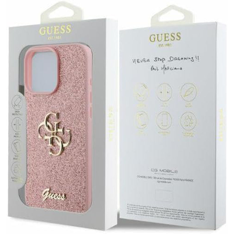 Deksel for Apple iPhone 16 Pro, Guess, Fixed Glitter Big 4G, Rosa