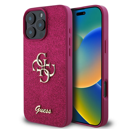 Deksel for Apple iPhone 16 Pro, Guess, Glitter Big 4G Script, Magenta