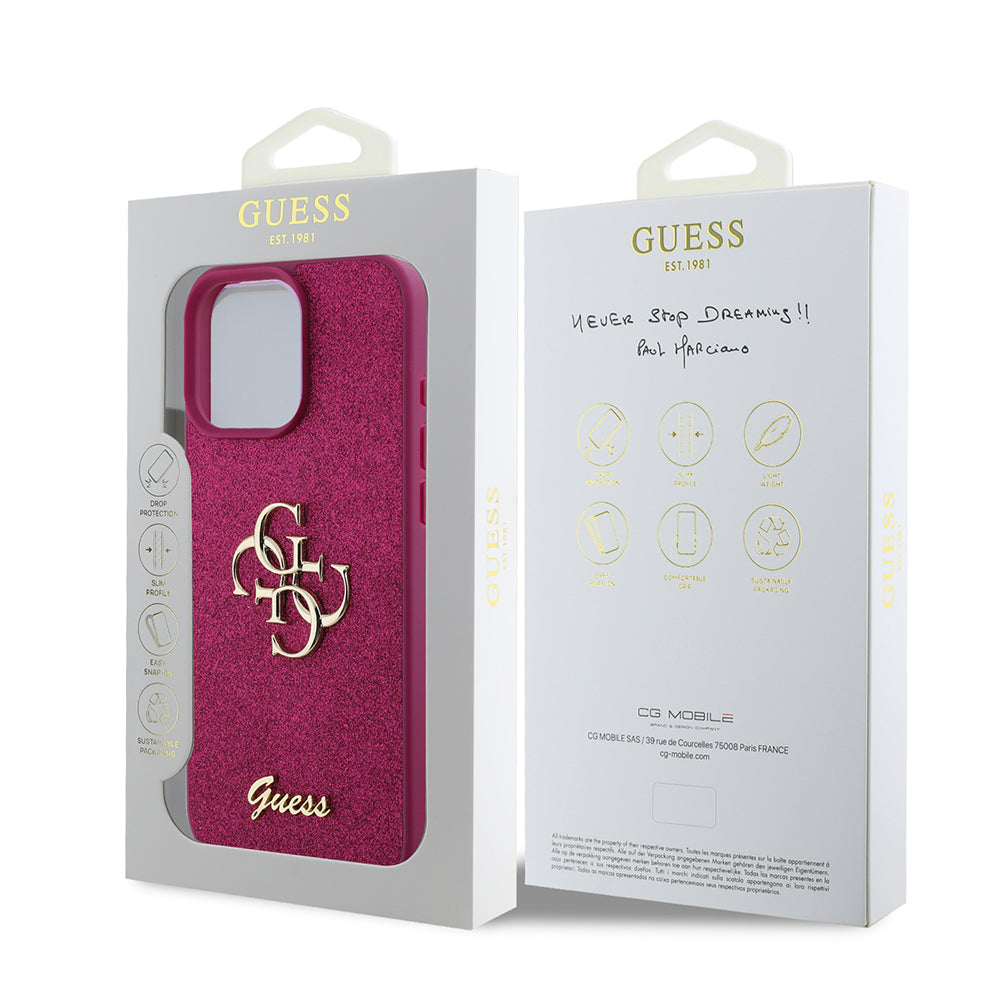 Deksel for Apple iPhone 16 Pro, Guess, Glitter Big 4G Script, Magenta