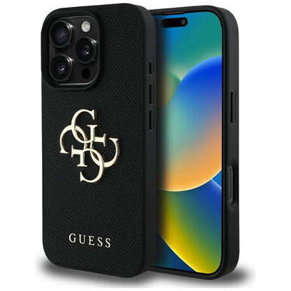Deksel for Apple iPhone 16 Pro, Guess, Grained Big 4G Logo Small Classic Logo, Svart