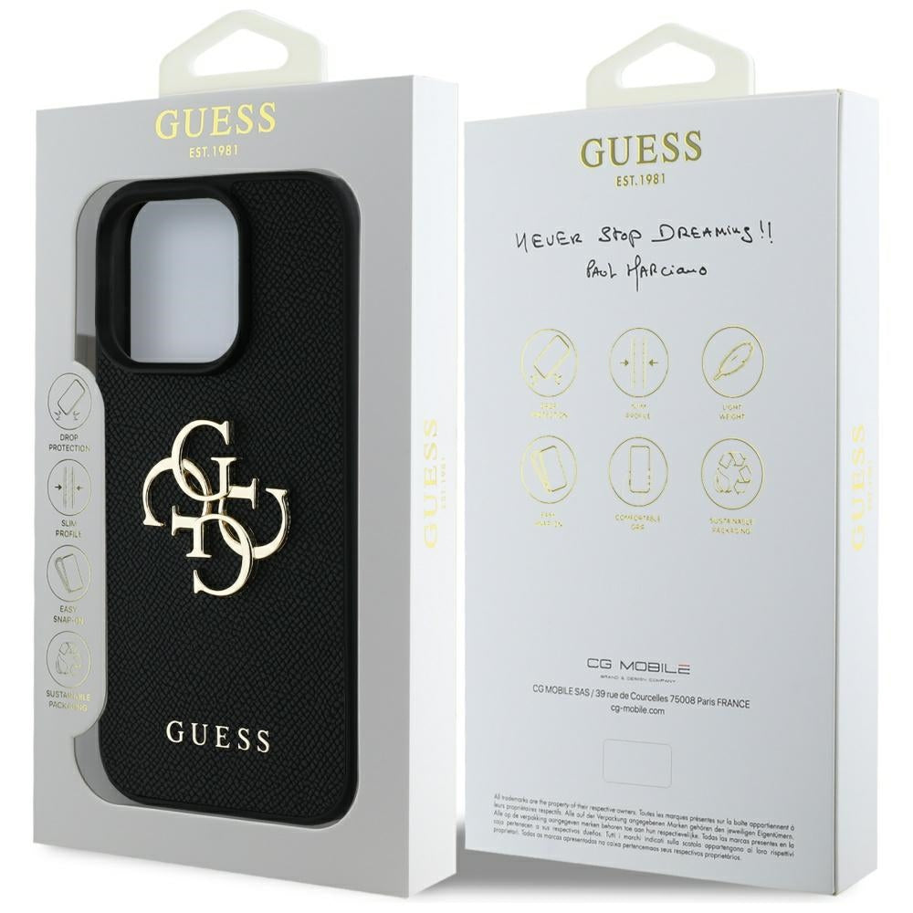 Deksel for Apple iPhone 16 Pro, Guess, Grained Big 4G Logo Small Classic Logo, Svart