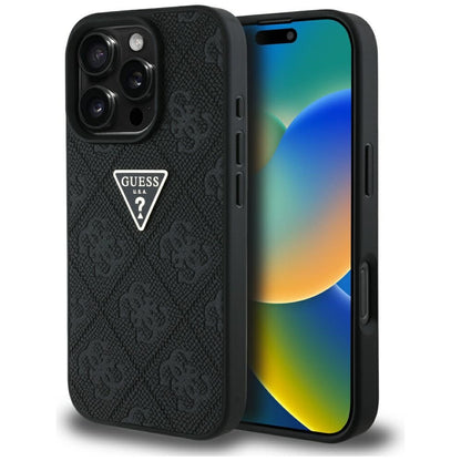 Deksel for Apple iPhone 16 Pro, Guess, Hot Stamp 4G Pattern Triangle Logo, Svart